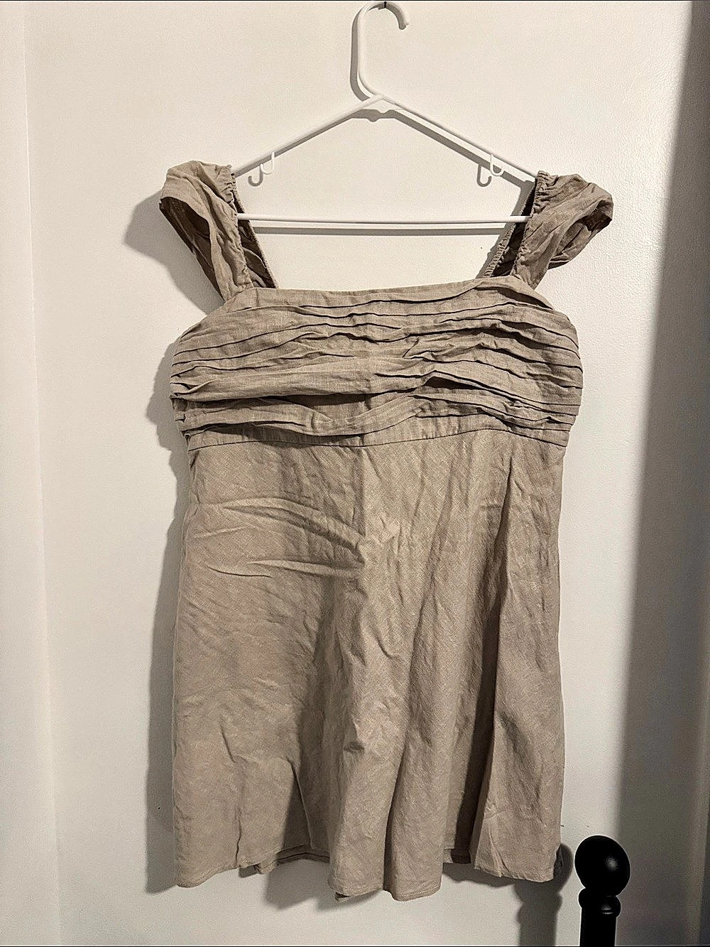 Tan Abercrombie & Fitch Linen-Blend Ruched Squareneck Mini Dress